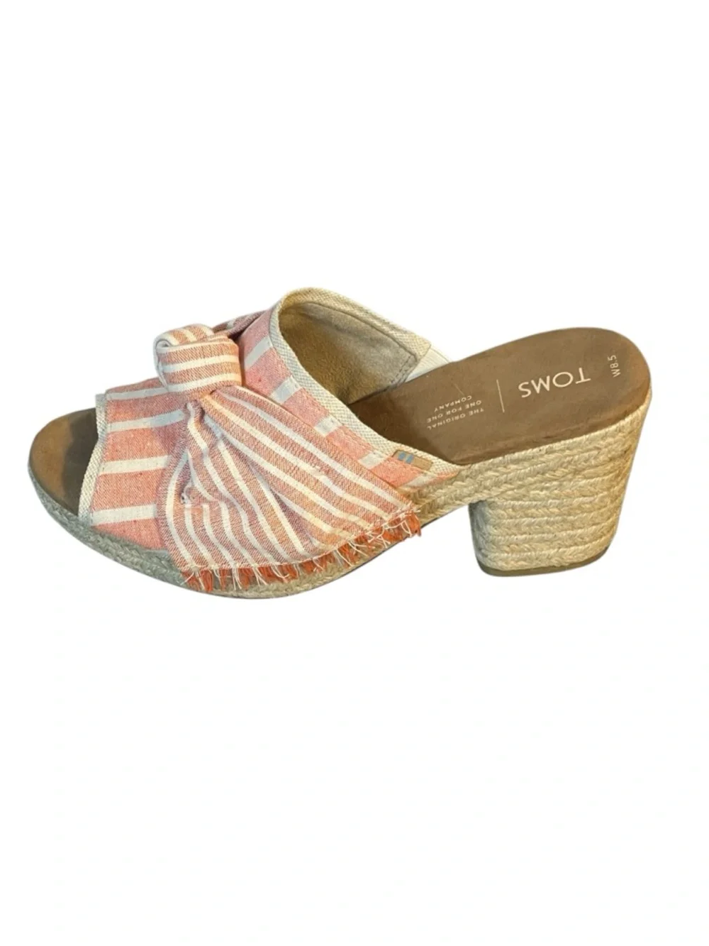 Toms Junie Stripe Peach Bow Jute Platform Heel Slide Sandal Womens Sz 8.5